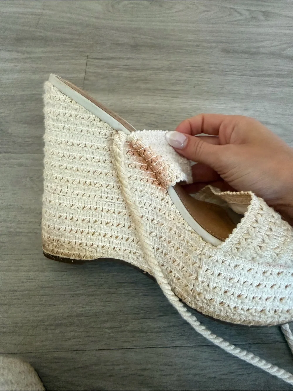 SCHUTZ Cream Woven Espadrille Wedge Sandals with Ankle Ties